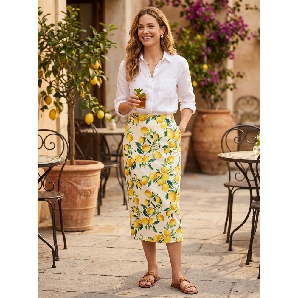 Lemon Print High Waisted Missguided White Yellow Polyester Midi Skirt Size 4 S